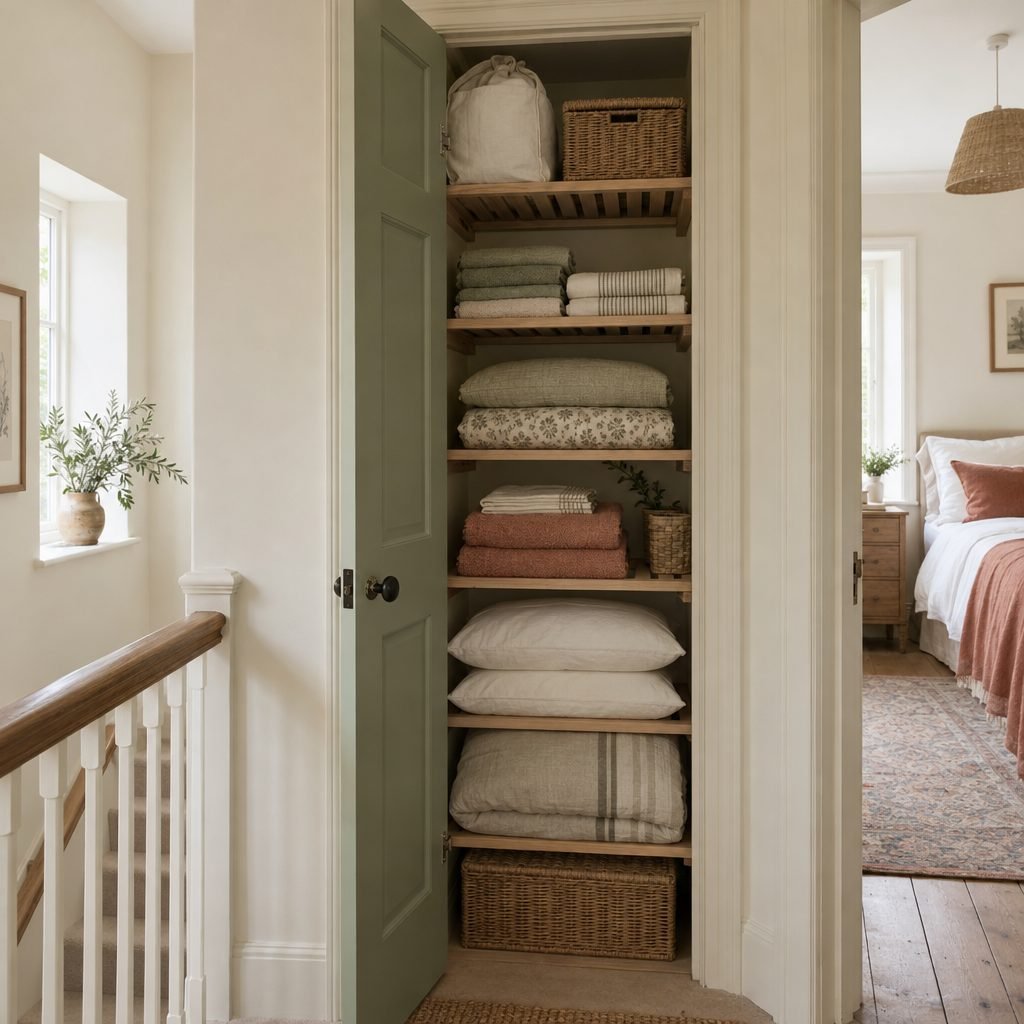 Narrow landing cupboard with a sage green door open and floor-to-ceiling white oak slatted shelves holding towels, bedding and pillows, with no hot water tank inside