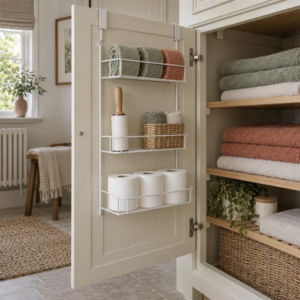 Shallow white rack on the inside of a cream cupboard door holding a basket of rolled hand towels and spare toilet rolls, with towels on shelves inside