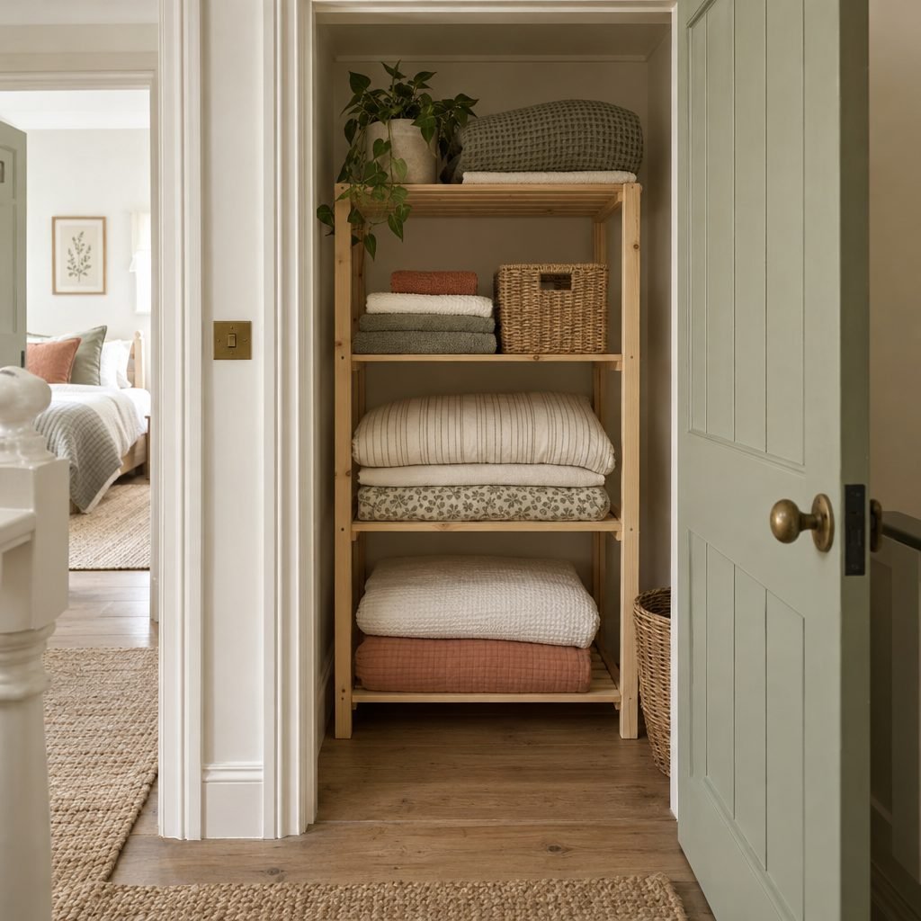 Freestanding slatted pine shelving unit standing inside a small cupboard, holding folded towels, bedding and a basket, with space on both sides