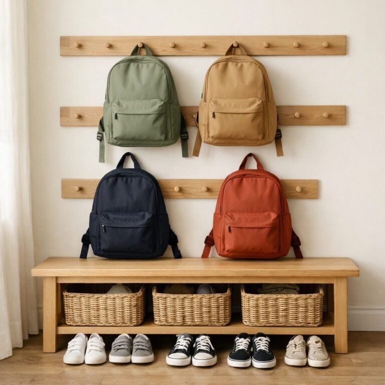 Entryway wall with white oak peg rails holding four plain backpacks at two heights above a bench with woven baskets and sneakers lined up underneath