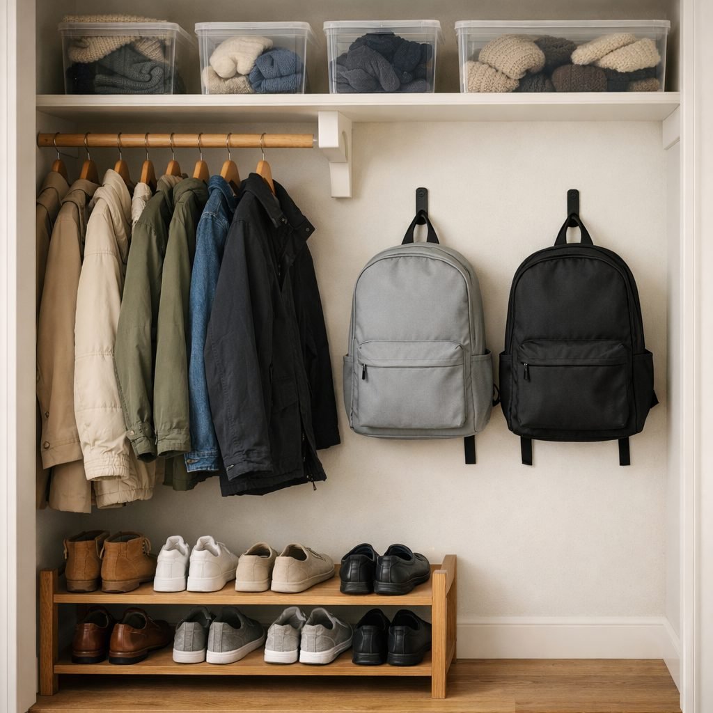 Open coat closet with coats on hangers, two backpacks on wall hooks, clear bins of hats and gloves on the shelf above and a two-tier shoe rack below