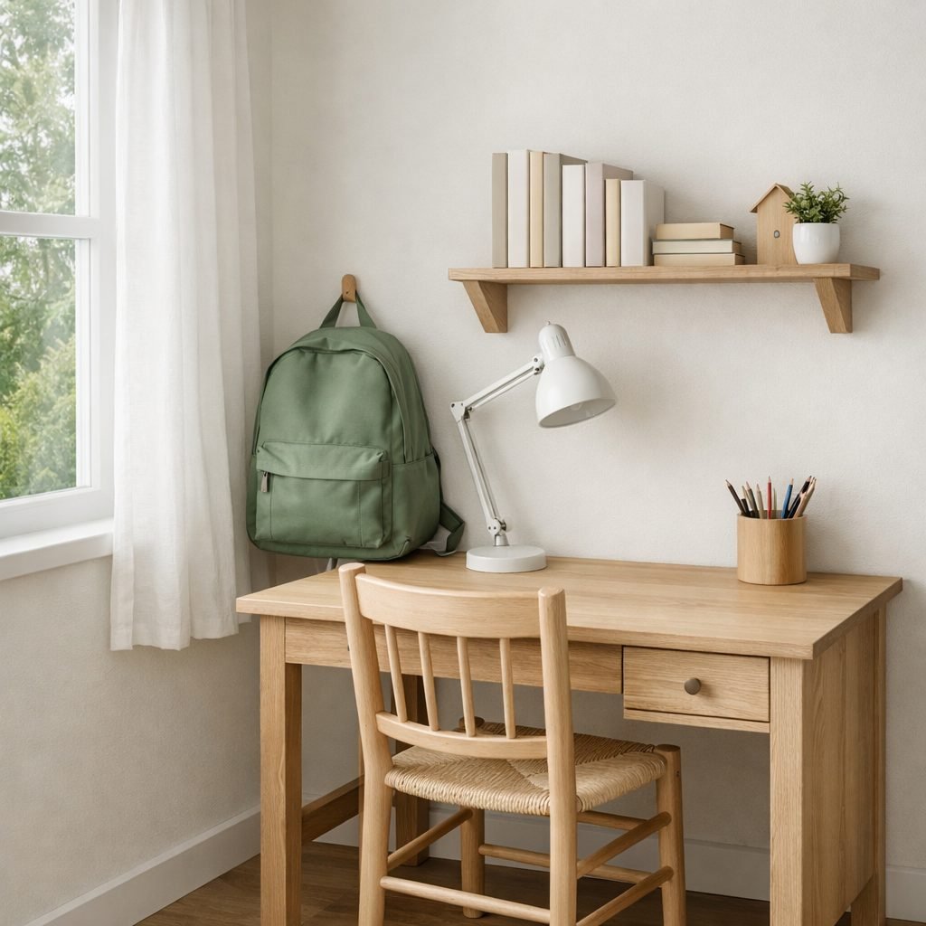 Kid's bedroom corner with a white oak desk by a window, a sage backpack on a wall hook beside it, a small shelf of books, a desk lamp and a pencil cup