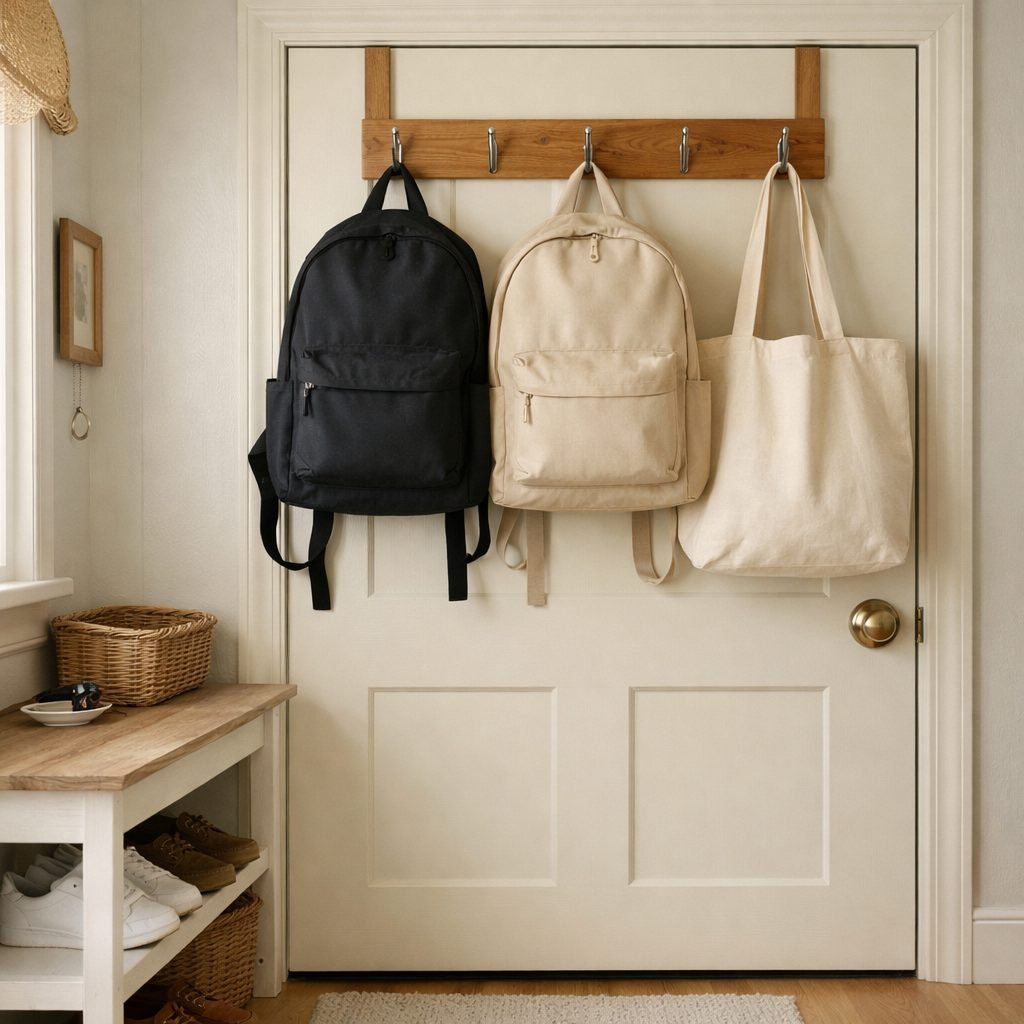 Wooden over-the-door hook rack on a cream door holding two backpacks and a canvas tote bag in a small apartment entry with a shoe bench