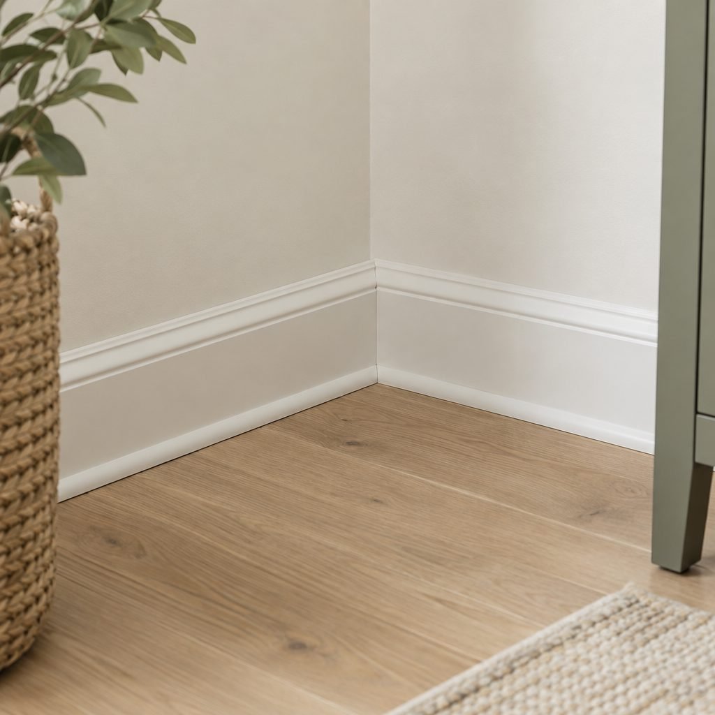 Tight coped inside corner where two white baseboards meet, with matching quarter round at the floor