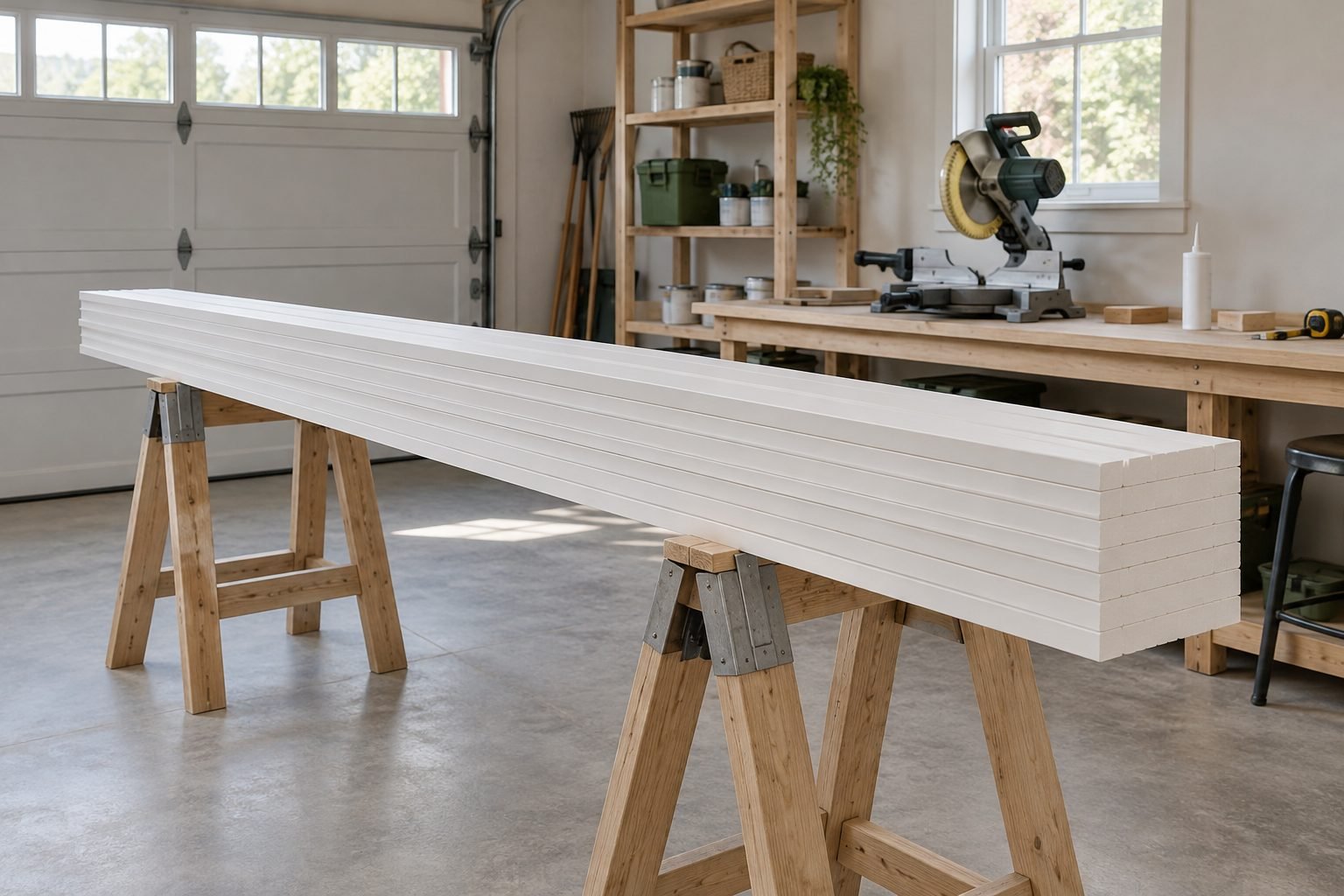Long primed white baseboard boards stacked on two sawhorses in a garage workshop with a miter saw on the bench