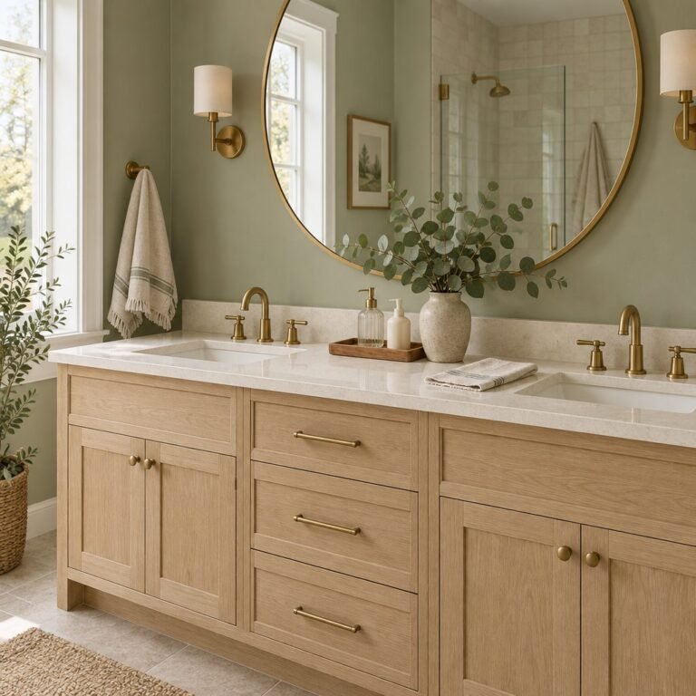 Bathroom counter decor on a white oak double vanity: a cream quartz top kept mostly clear with a wooden tray holding a glass soap pump and a lotion bottle, a stoneware vase of eucalyptus and a folded hand towel, under a round brass mirror on a sage green wall