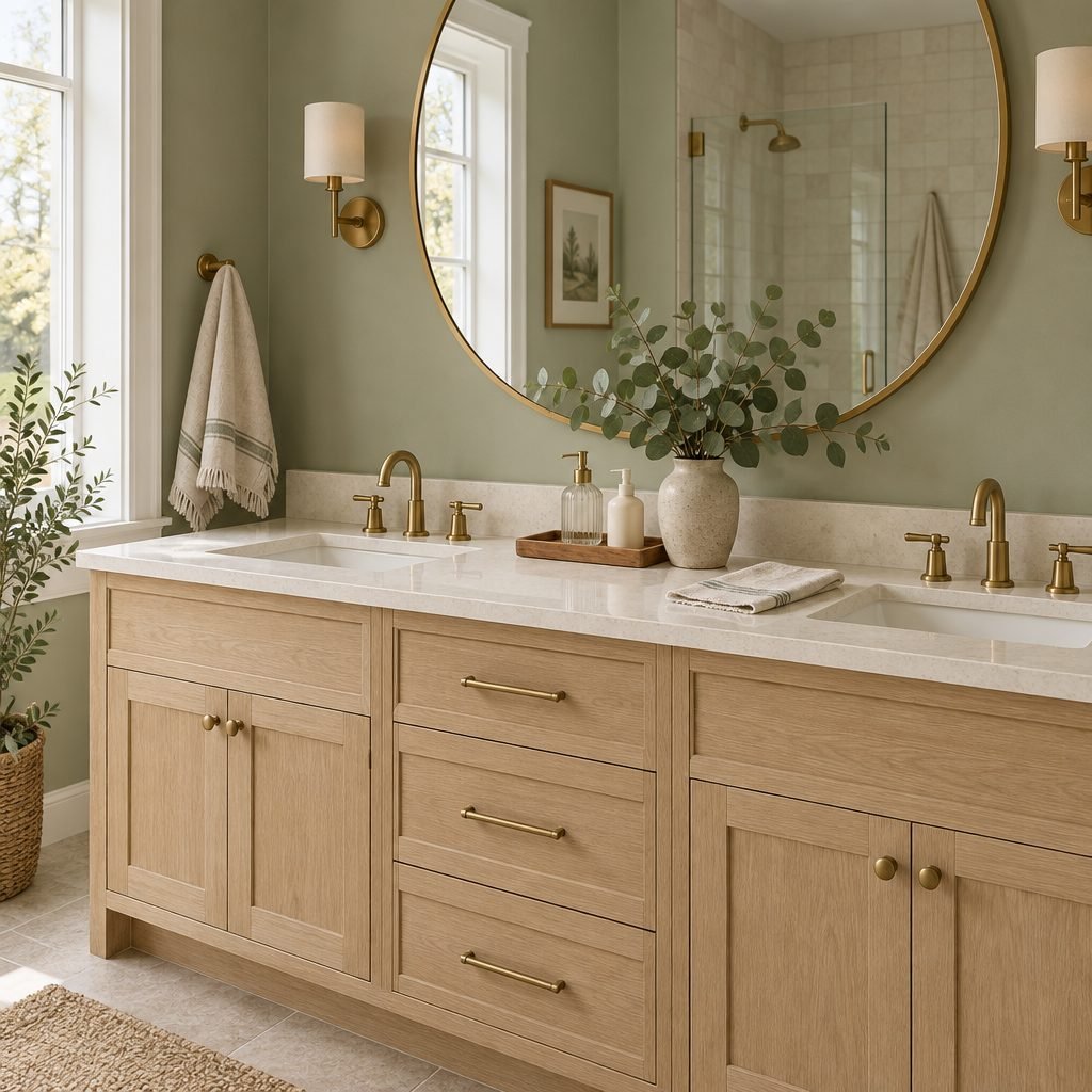 Bathroom counter decor on a white oak double vanity: a cream quartz top kept mostly clear with a wooden tray holding a glass soap pump and a lotion bottle, a stoneware vase of eucalyptus and a folded hand towel, under a round brass mirror on a sage green wall