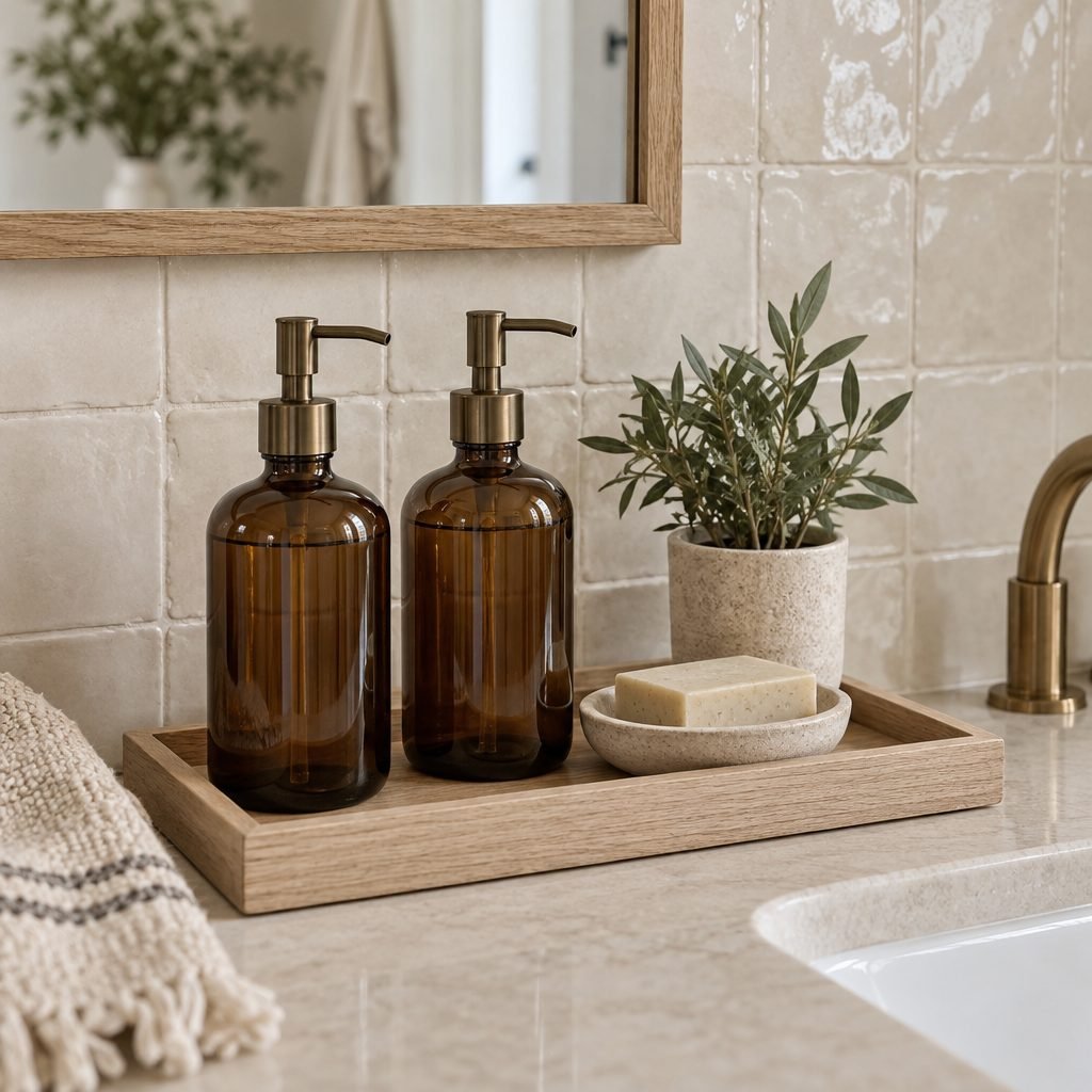 White oak tray by a bathroom sink holding two amber glass pump bottles without labels, a stone dish with a bar of soap and a small potted plant, in front of a cream zellige backsplash
