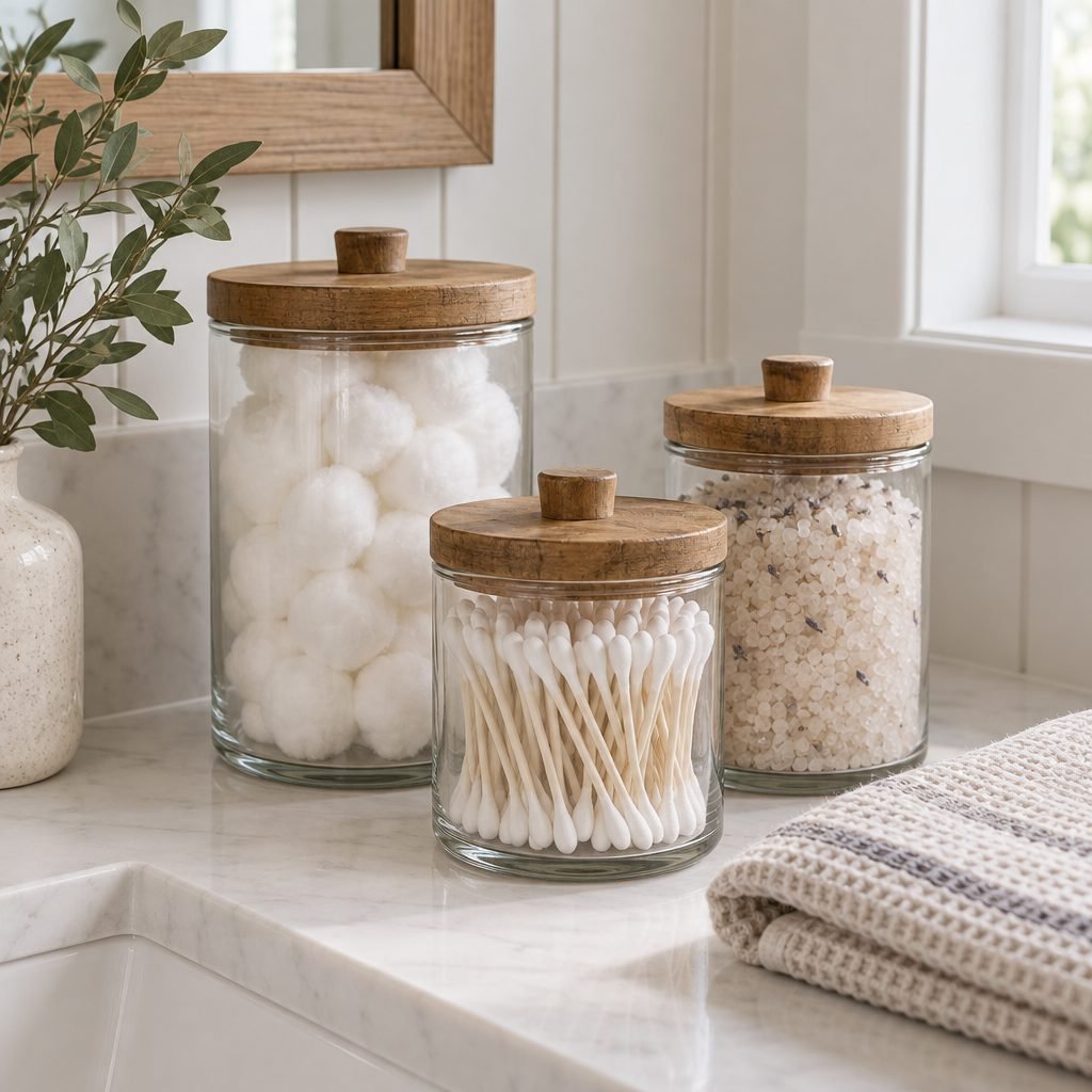 Three clear glass apothecary jars with wooden lids holding cotton balls, cotton swabs and bath salts in different heights on a marble bathroom counter, next to a waffle hand towel and a vase of greenery