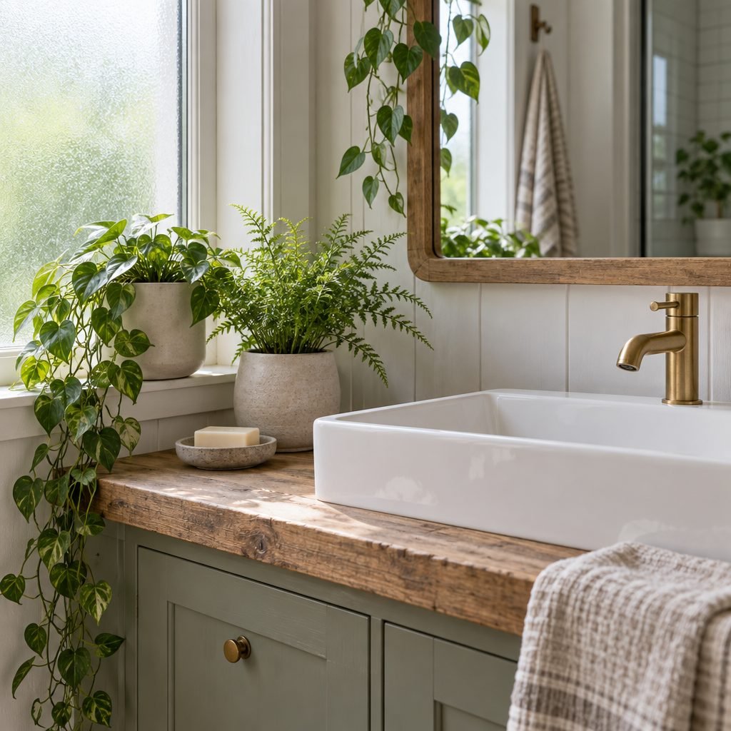 Bathroom vanity with a pothos and a fern in stone pots by a frosted window, a reclaimed wood counter, a white vessel sink with a brass faucet and a bar of soap in a small dish
