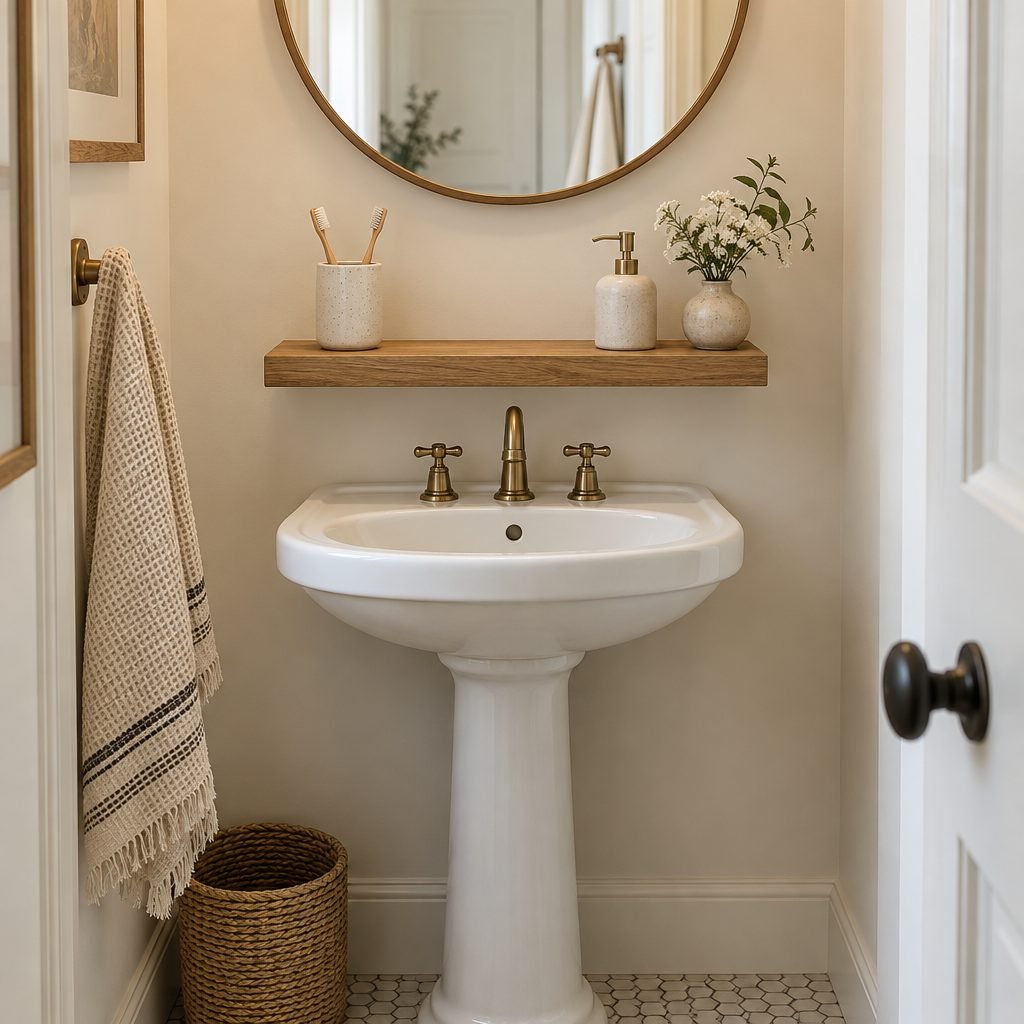 Small bathroom with a pedestal sink and a narrow oak floating shelf above it holding a toothbrush cup, a soap pump and a small vase of flowers, under a round mirror, with a hand towel and a woven basket nearby