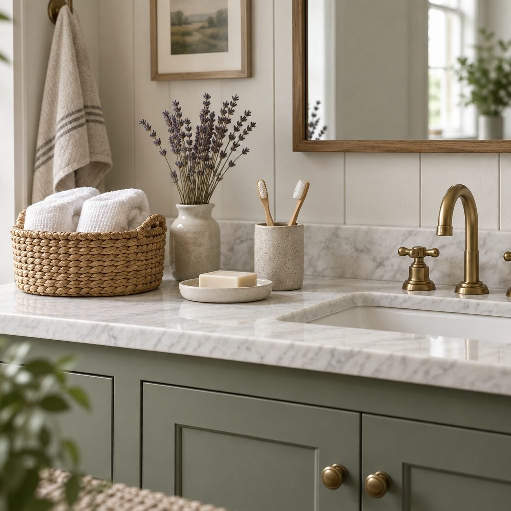 Marble bathroom counter over a sage green vanity with a small woven basket of rolled white hand towels, a vase of dried lavender, a stone toothbrush cup and a soap dish next to a brass faucet