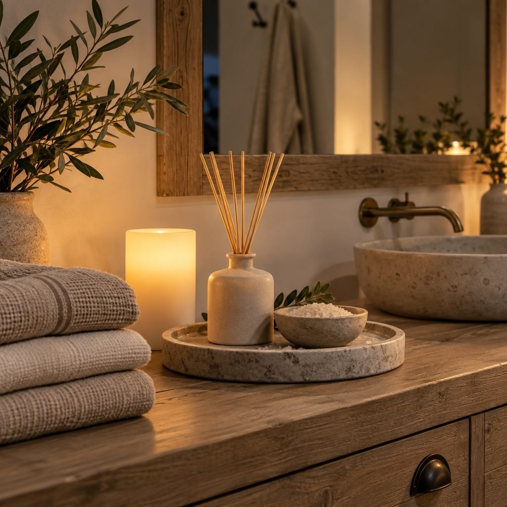 Spa-style bathroom counter at evening with a flameless pillar candle, folded linen towels, a ceramic reed diffuser and a bowl of bath salts on a round stone tray beside a stone vessel sink