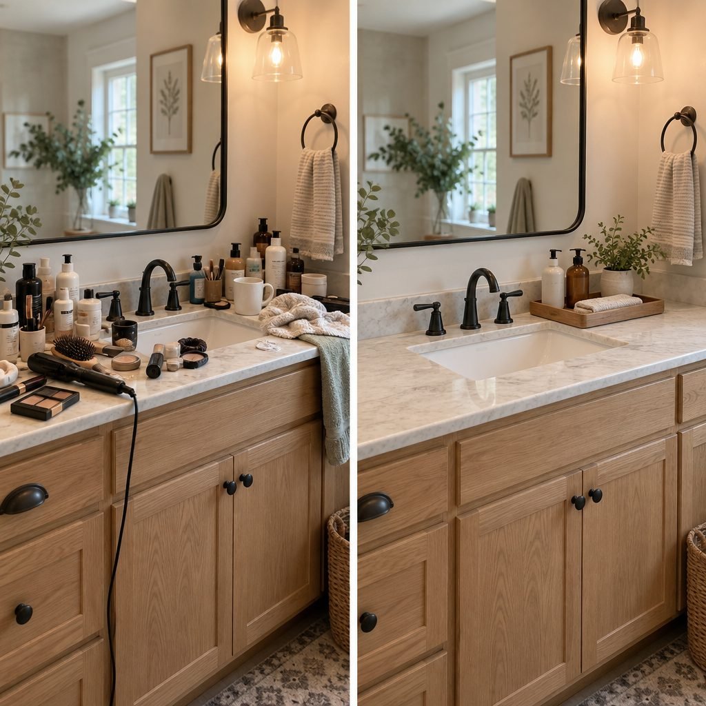 Bathroom counter before and after: bottles, makeup, a hairbrush, a hair tool with its cord and towels crowding an oak vanity, then the same counter with only a wooden tray of two pump bottles, a small plant and a folded washcloth