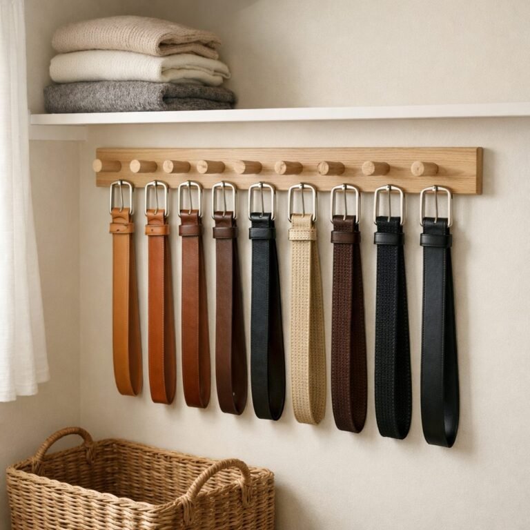 White oak peg rack on a cream closet wall with nine leather and woven belts hanging by their buckles, folded sweaters on a shelf above and a woven basket below