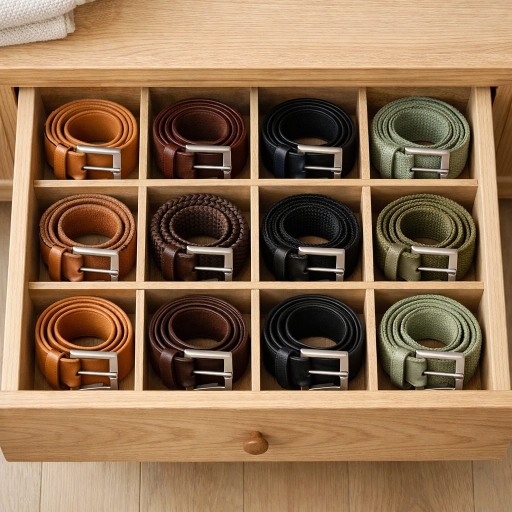 Shallow white oak drawer with wooden grid dividers, each square holding one loosely rolled leather or woven belt in tan, brown, black or sage