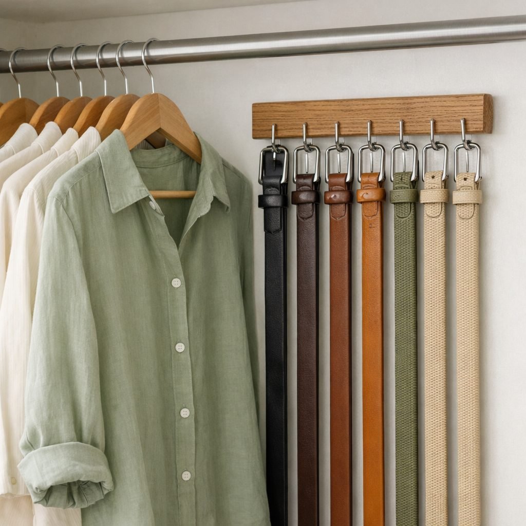 Reach-in closet with shirts on wooden hangers and a white oak rail with metal hooks beside them holding nine belts hanging straight down