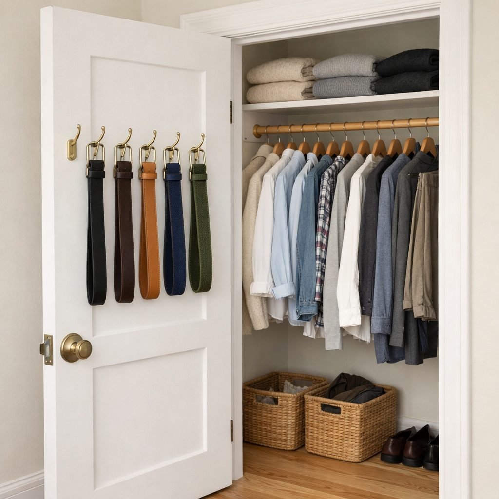 Open reach-in closet door with a row of brass hooks on its inside face holding five belts, with shirts on wooden hangers and folded sweaters inside the closet