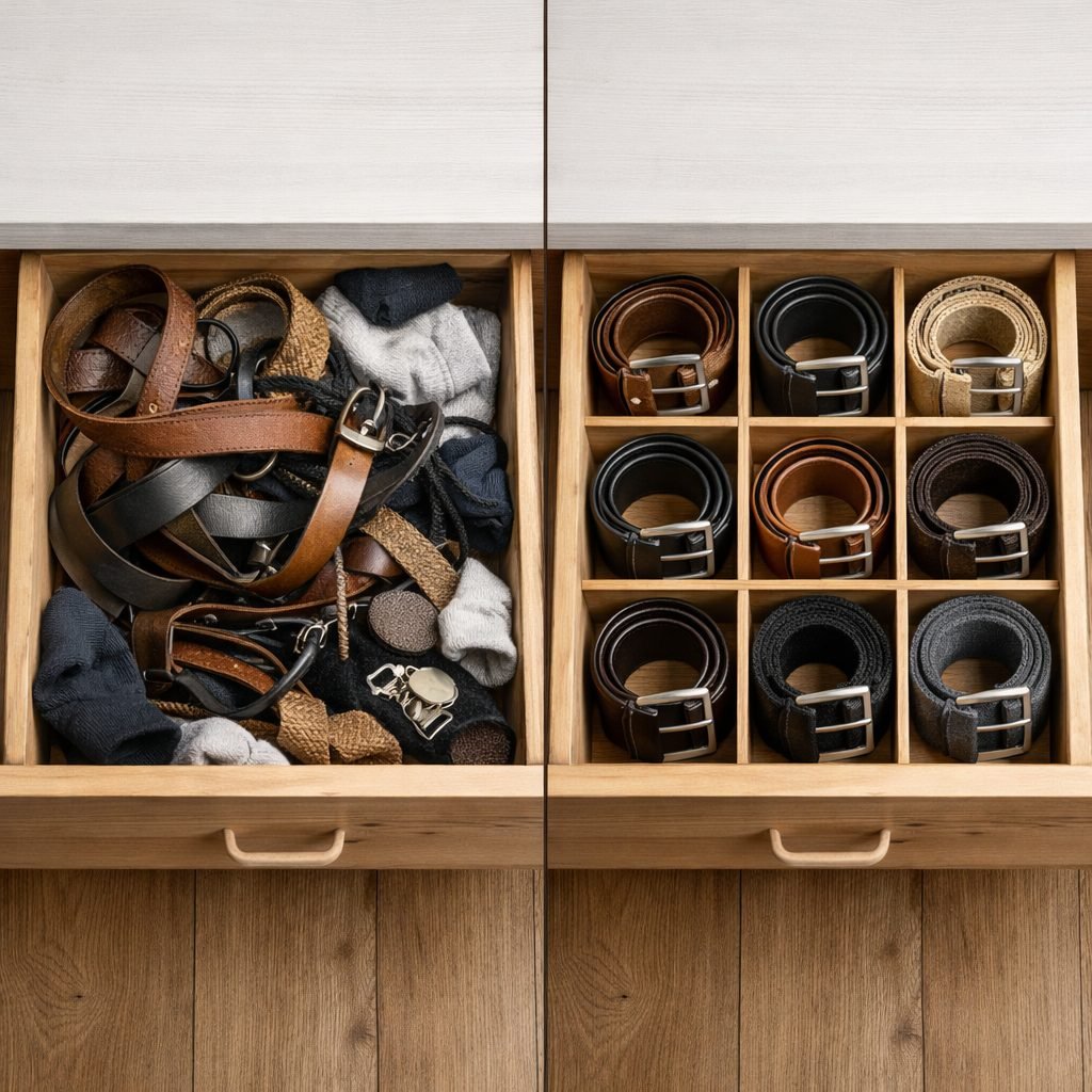 Drawer before and after: a tangled pile of belts mixed with socks on the left; the same drawer with wooden dividers and each belt rolled in its own square on the right