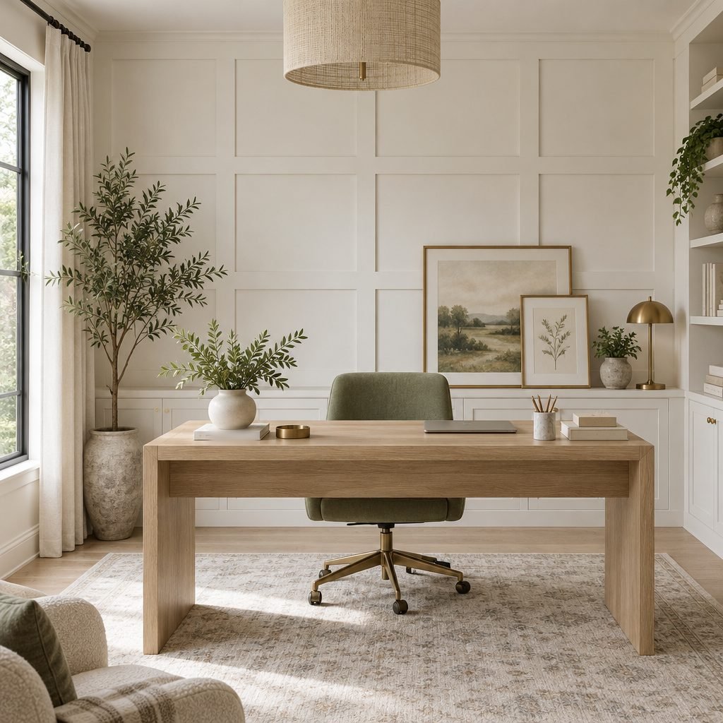 Home office with a warm white grid board and batten wall of large rectangles behind a white oak desk and a sage green chair