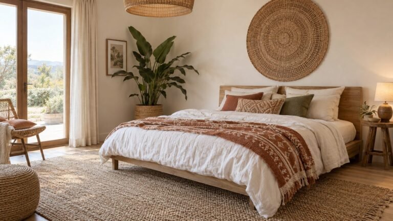 Boho bedroom with white linen bedding, a rust throw, a woven pendant light and a jute rug
