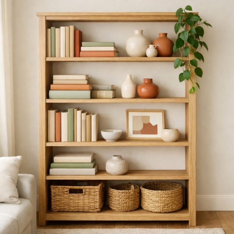 White oak bookshelf styled with books in cream, sage and terracotta stacked upright and flat, ceramic vases, a trailing pothos, a small framed print and woven baskets on the bottom shelf