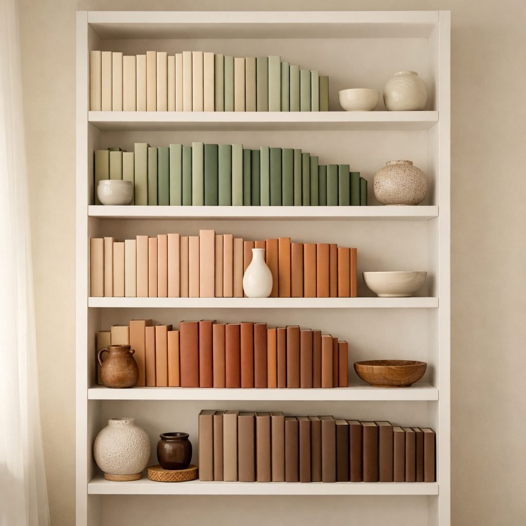 White bookshelf with books arranged by color from cream to sage green, terracotta and brown, with small ceramic pieces at the end of each row