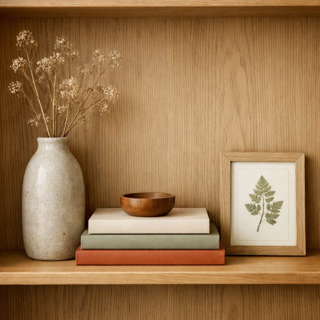 Oak shelf styled with a tall stoneware vase of dried flowers, a stack of three books topped with a wooden bowl and a small framed fern print