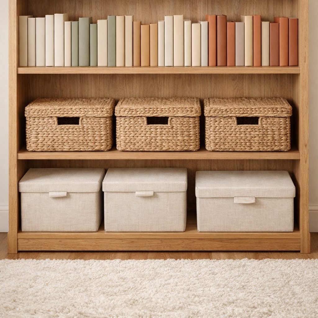 Lower shelves of an oak bookshelf with lidded seagrass baskets and linen storage boxes below a row of books, above a cream rug