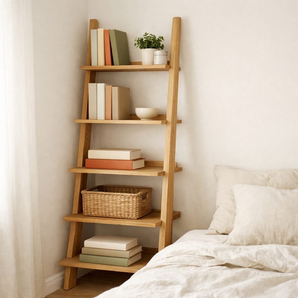 Slim oak ladder bookshelf in the corner of a small bedroom holding books, a small plant, a bowl and a woven basket next to a linen bed