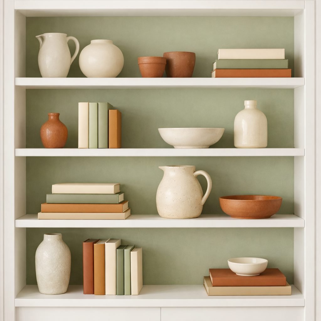 White built-in bookshelf with a sage green painted back panel showing off cream pitchers, terracotta pots, bowls and stacked books