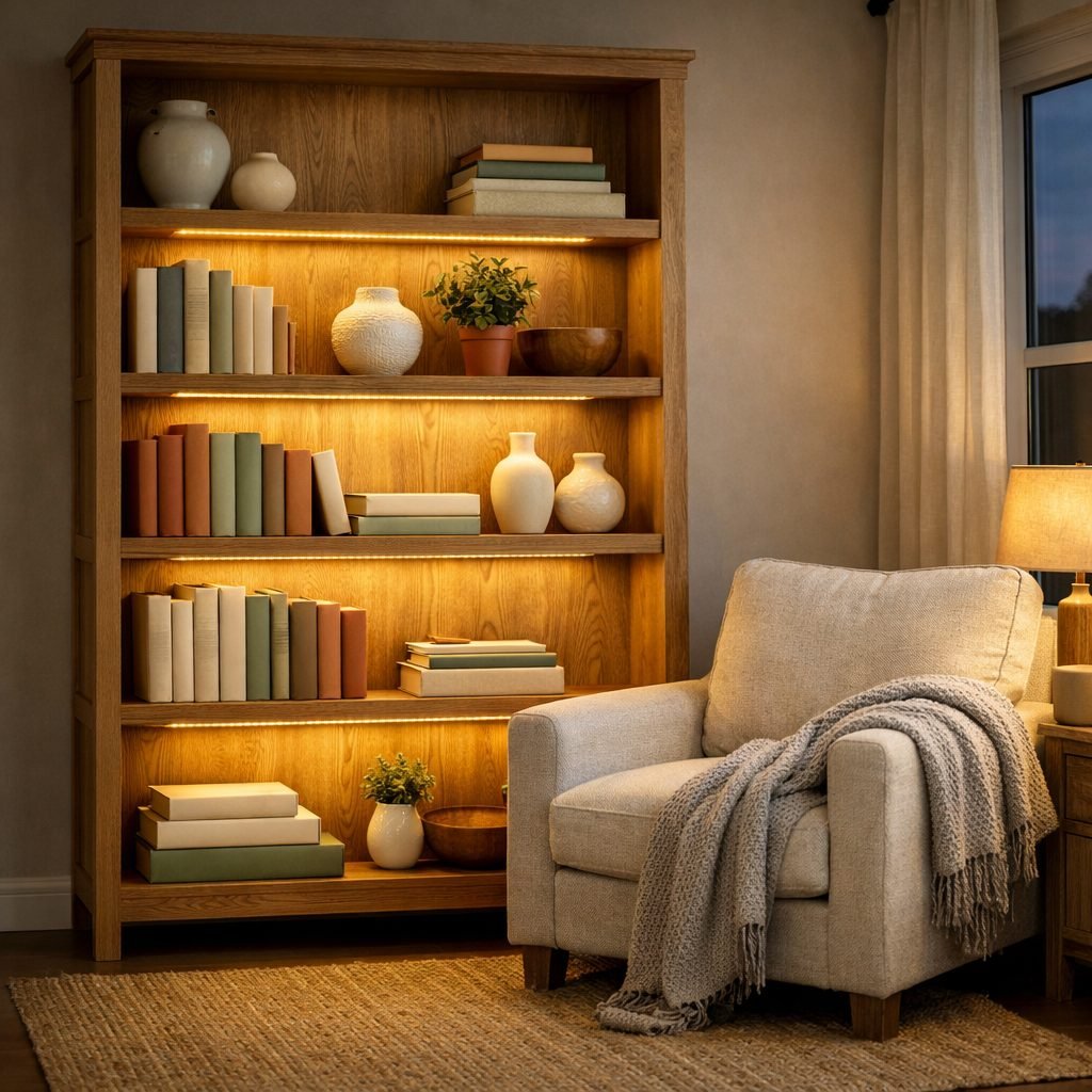 Oak bookshelf at dusk with warm LED strip lights under each shelf lighting books, vases and a small plant beside a cozy armchair with a knit throw