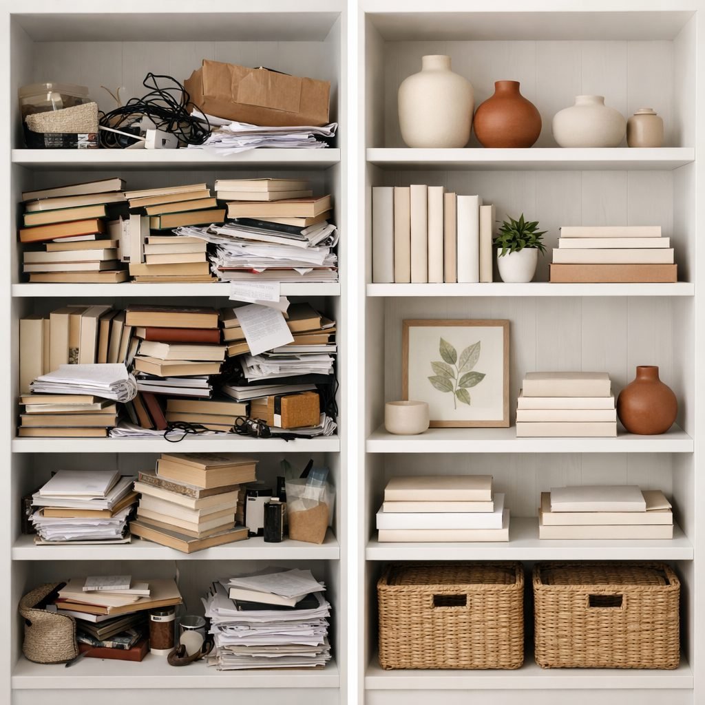 Bookshelf before and after: shelves crammed with piled books, papers, cables and a box on the left; books grouped upright and in stacks with vases, a plant, a framed print and baskets on the right