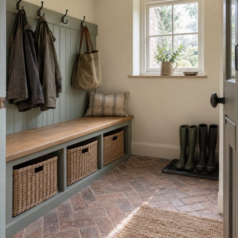 Boot room ideas: small British boot room with a sage green bench and oak seat, wicker baskets underneath, wax jackets on hooks and wellies on a tray on a herringbone brick floor