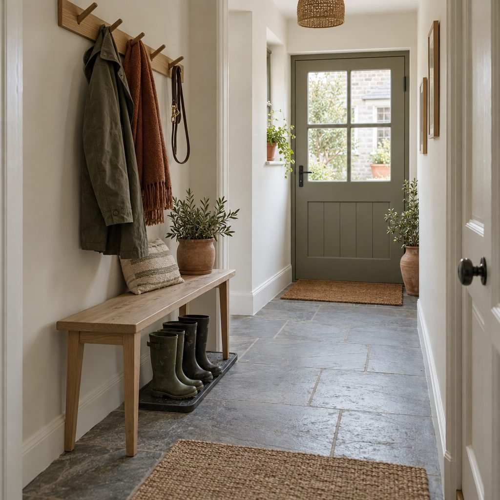 Narrow hallway boot nook with a shallow oak bench, a Shaker peg rail holding a coat, scarf and dog lead, wellies on a slate tray and a coir mat by the back door