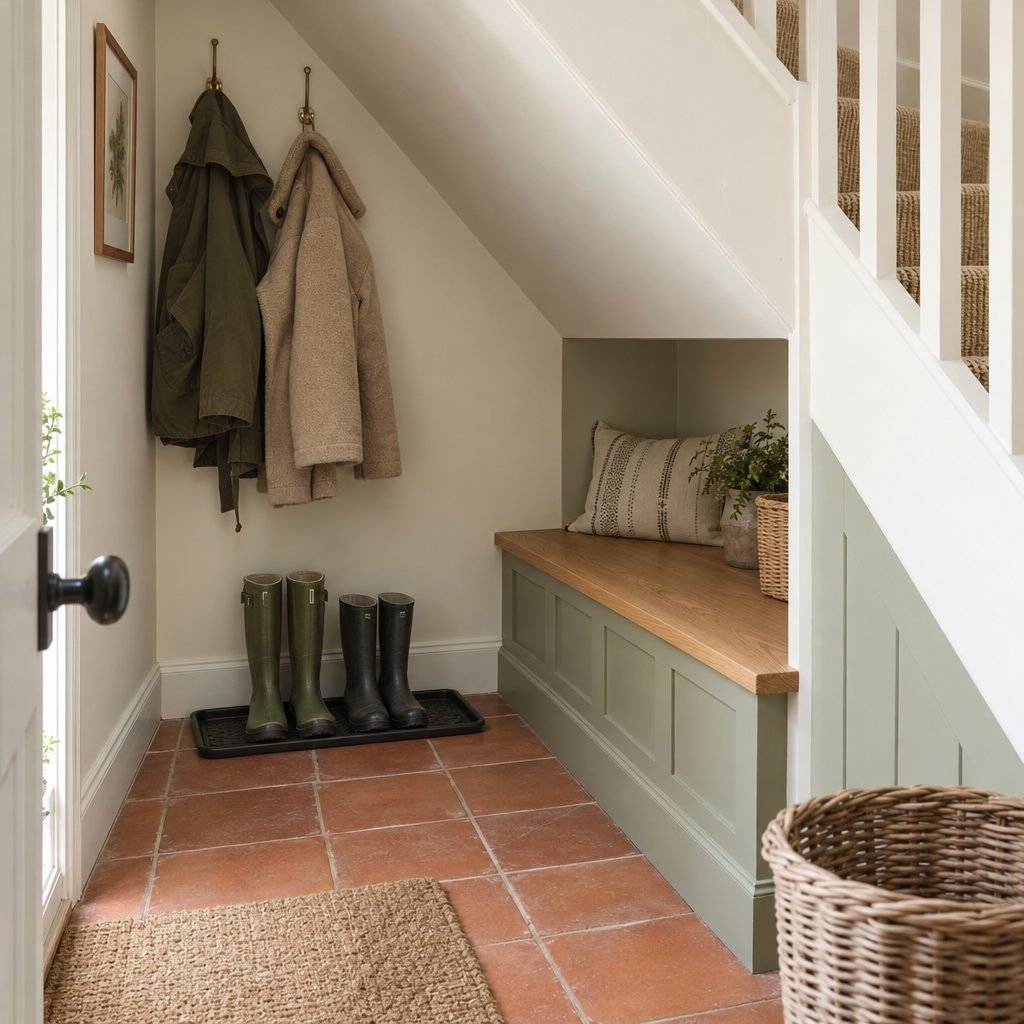 Small boot room under a staircase with a low sage green bench, coats on wall hooks and wellies on a rubber boot tray on terracotta floor tiles