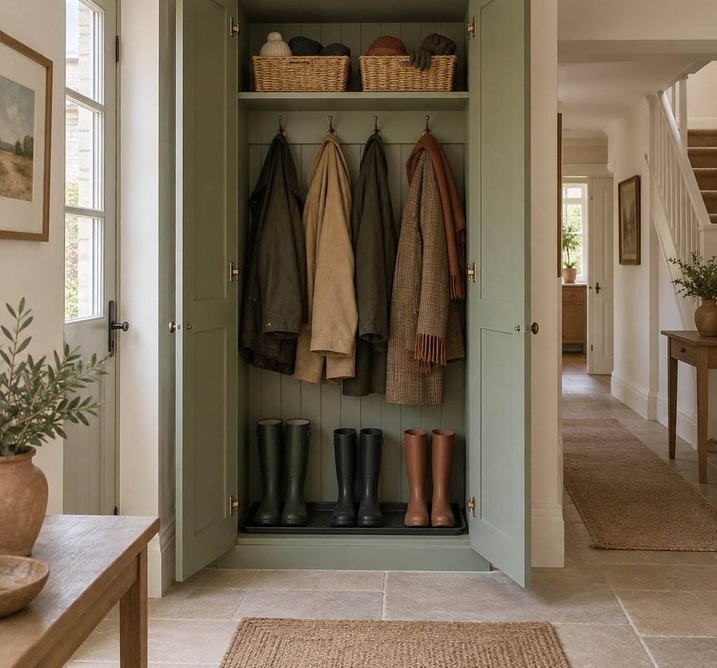 Tall sage green boot room cupboard with both doors open, coats on hooks inside, wicker baskets on a shelf and wellies on a boot tray at the bottom