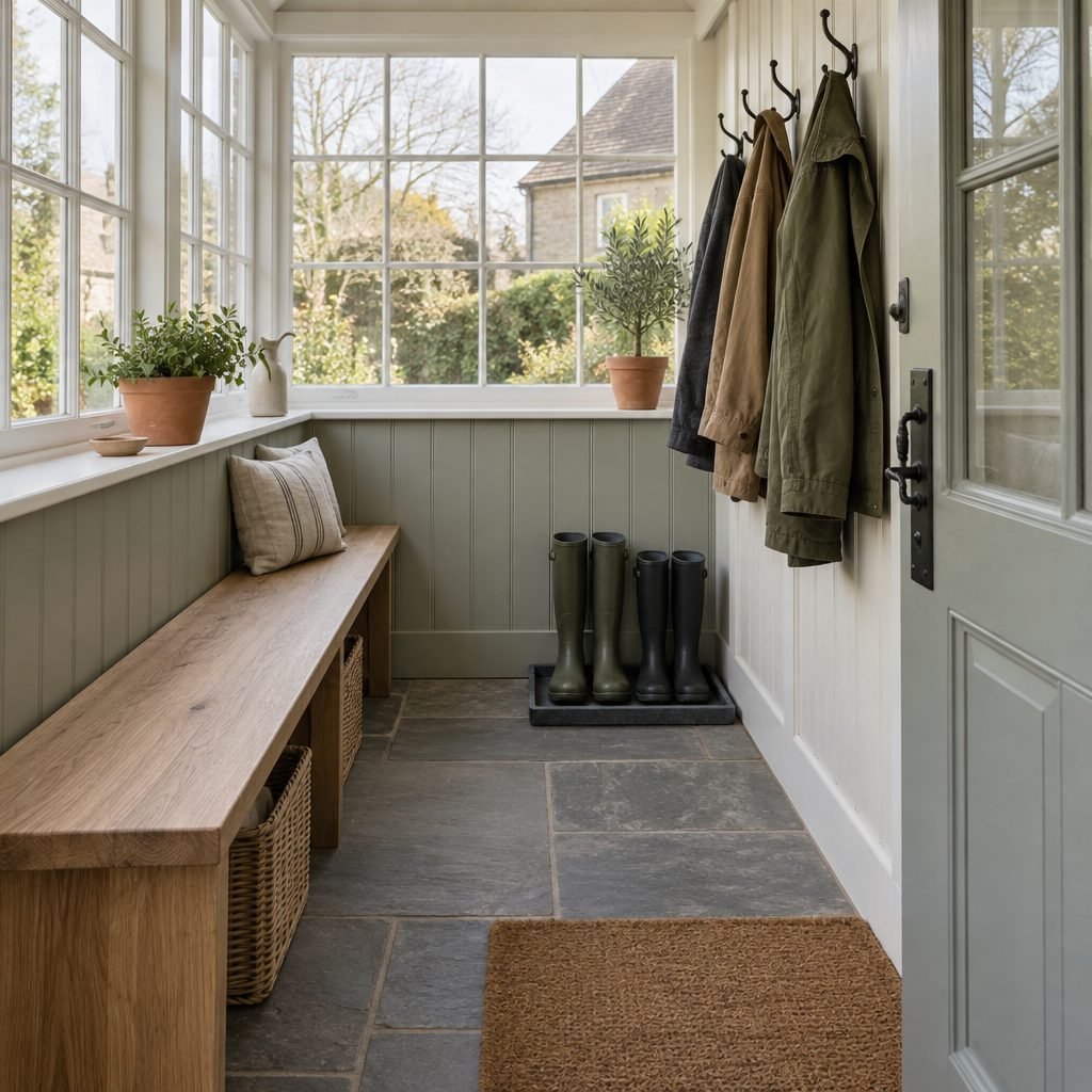 Glazed cottage porch used as a boot room with a slim oak bench, coats on wall hooks, wellies on a slate tray and a coir mat at the front door