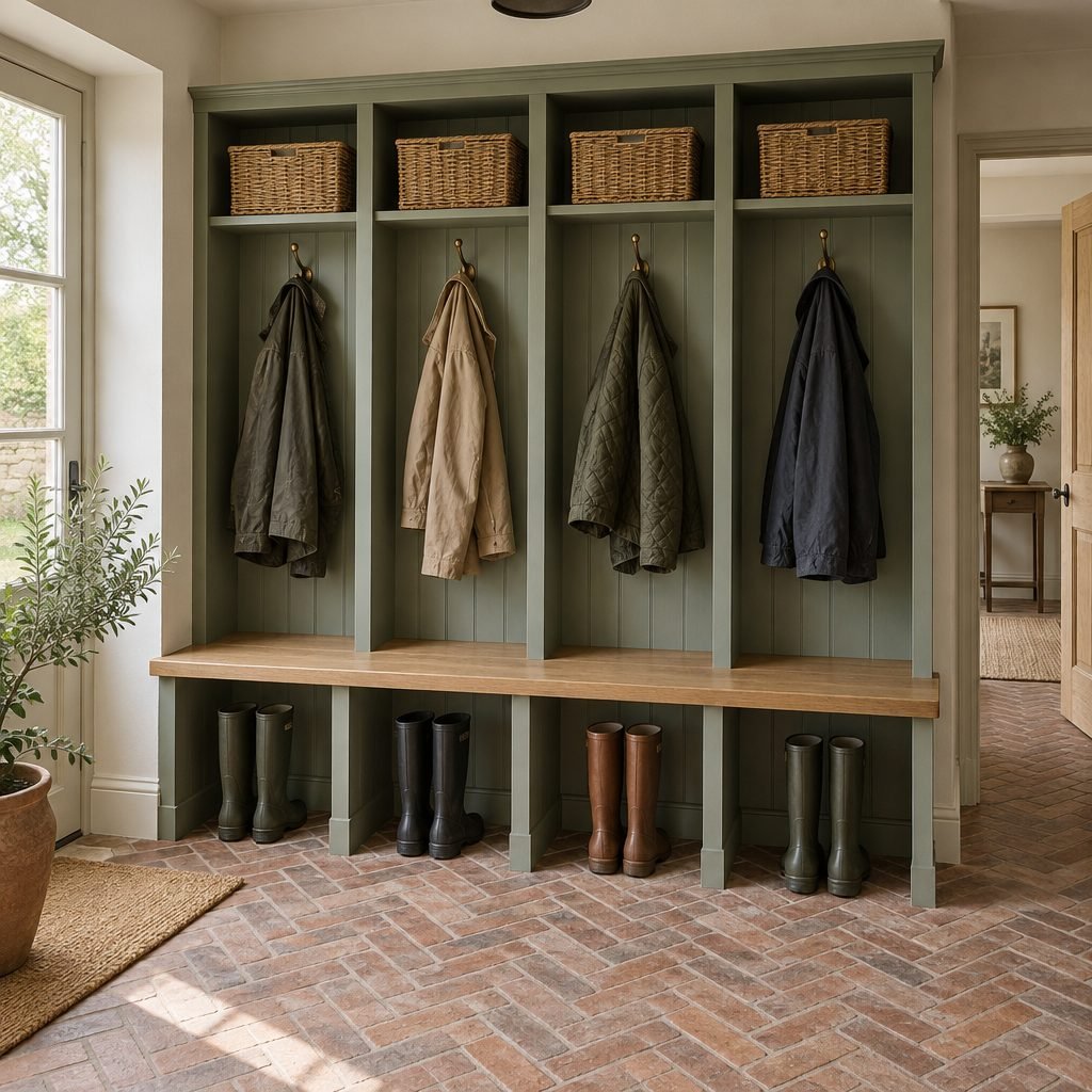 Boot room with four open sage green cubbies, one coat and one wicker basket each, an oak bench seat and pairs of wellies on the floor underneath