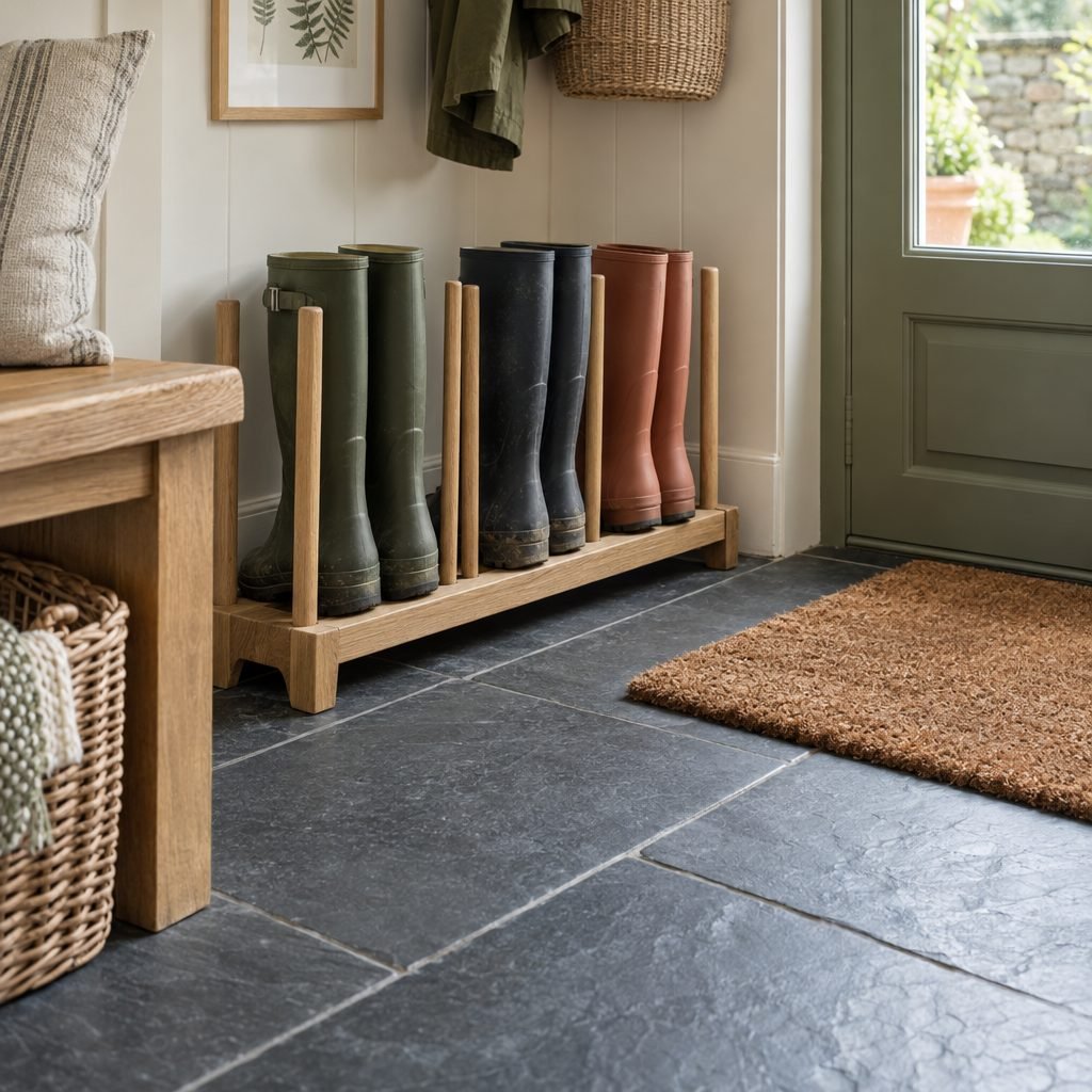 Dark slate tile boot room floor with a coir doormat by the back door and wellies upright in a wooden rack