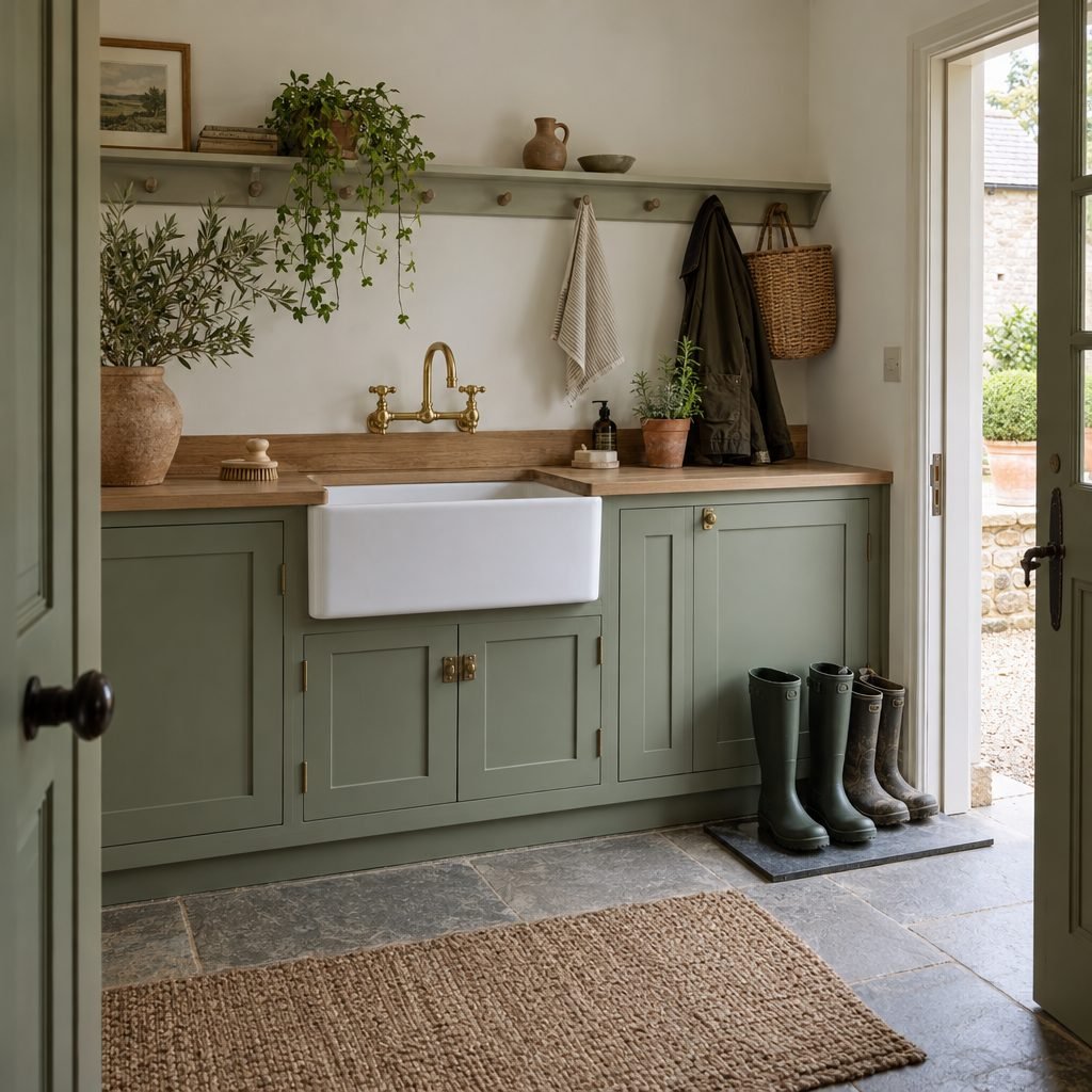 Boot room with a white Belfast sink set into an oak worktop, a brass wall-mounted tap over the basin, sage green cupboards below and wellies on a slate tray