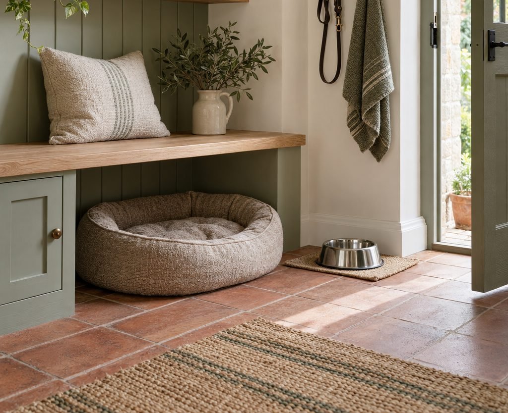 Boot room dog station with an empty dog bed under an oak bench, a lead and towel on wall hooks and a water bowl on a mat