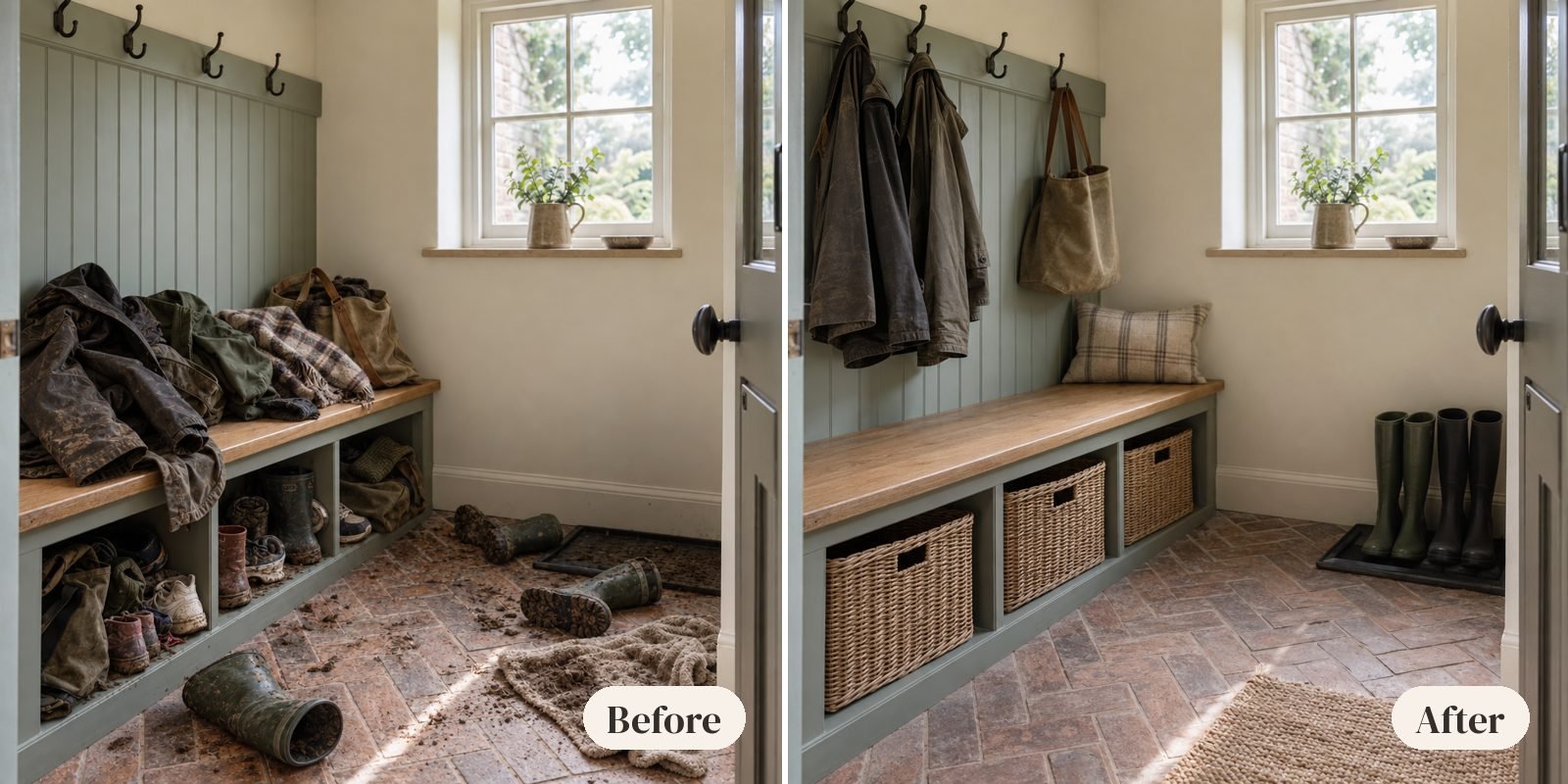 Boot room before and after: coats piled on the bench and muddy wellies on the floor on the left; the same room with coats on hooks, baskets under the bench and boots in pairs on a tray on the right