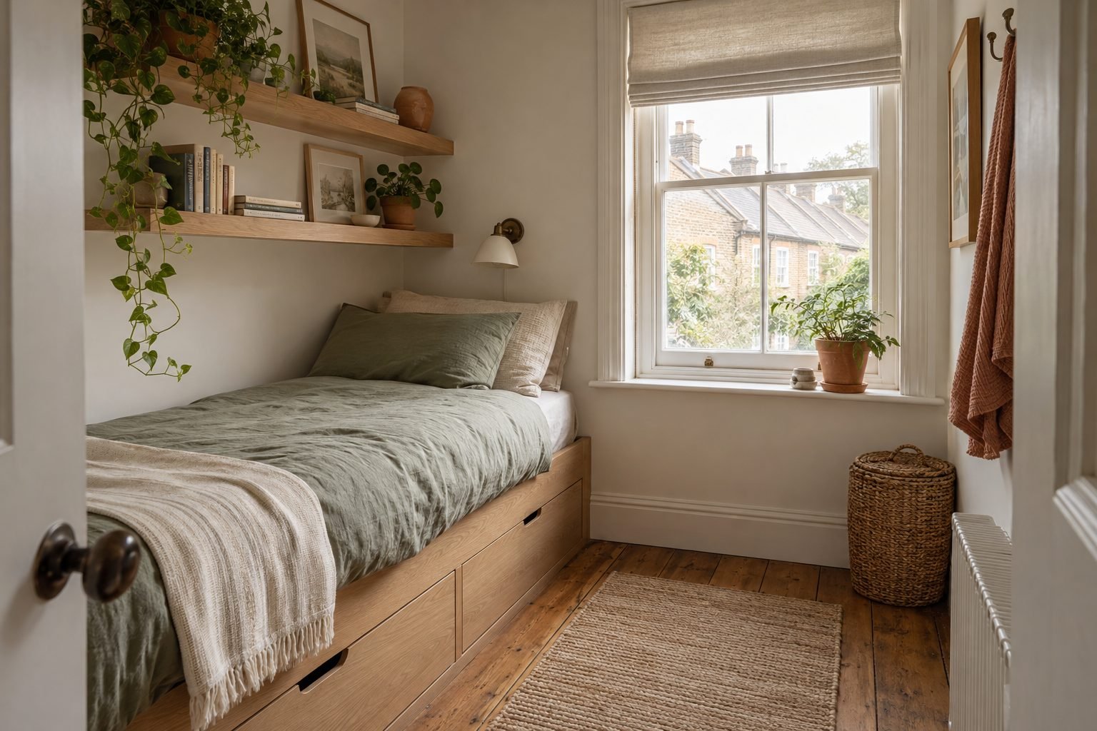 Box room bedroom ideas: a small British box room with an oak single bed with drawers underneath, sage bedding, two wall shelves and a wall light by a sash window