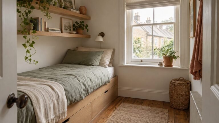 Small box room bedroom with an oak single bed with drawers, sage bedding and wall shelves by a sash window