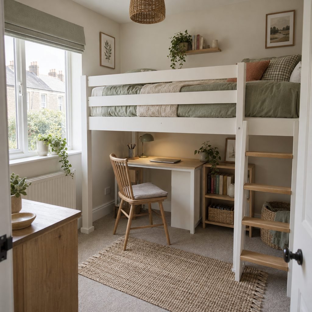 White high sleeper bed with a full guard rail and ladder in a small box room, with a desk, chair and bookshelf underneath