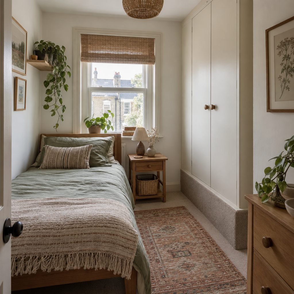 Fitted cream wardrobe built over the carpeted stair bulkhead in the corner of a narrow box room, with a single bed along the opposite wall