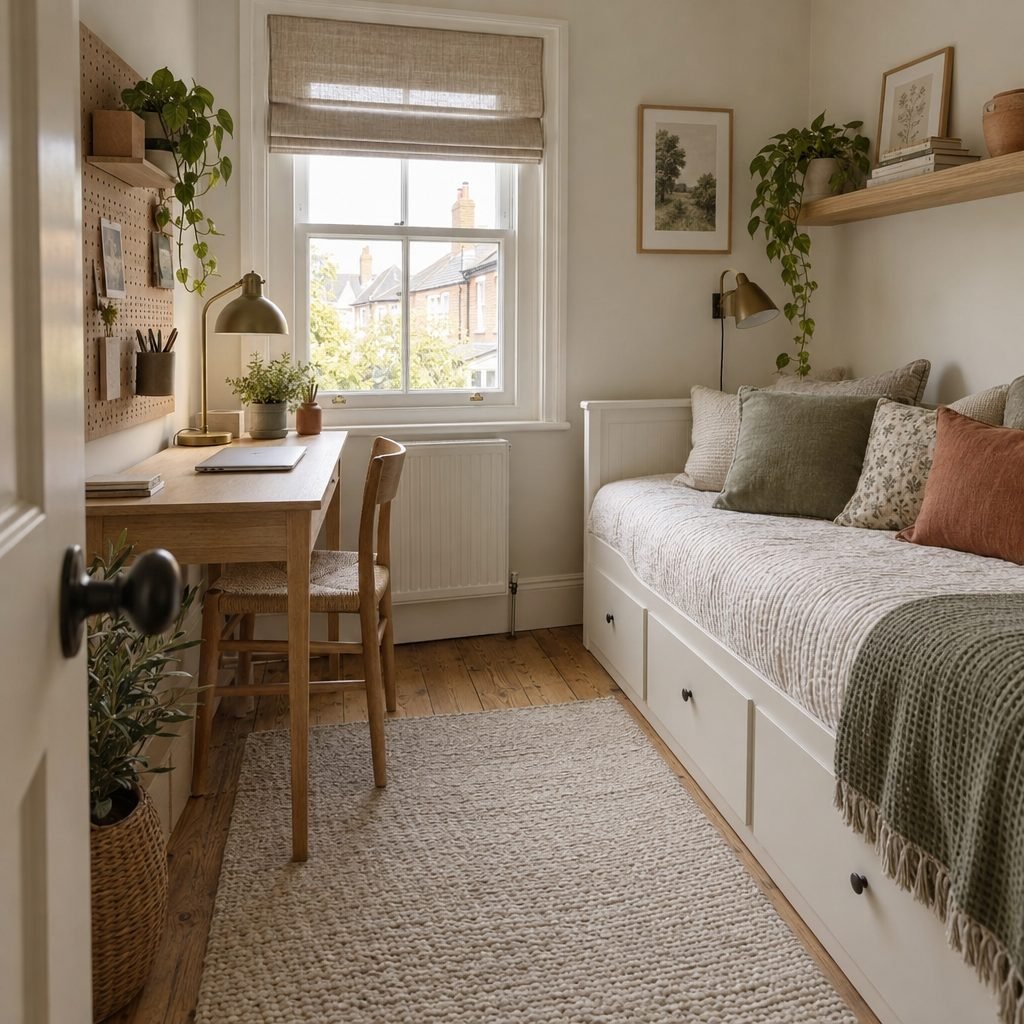 Box room used as a home office and guest room with a white daybed with drawers, cushions and a slim oak desk under the sash window