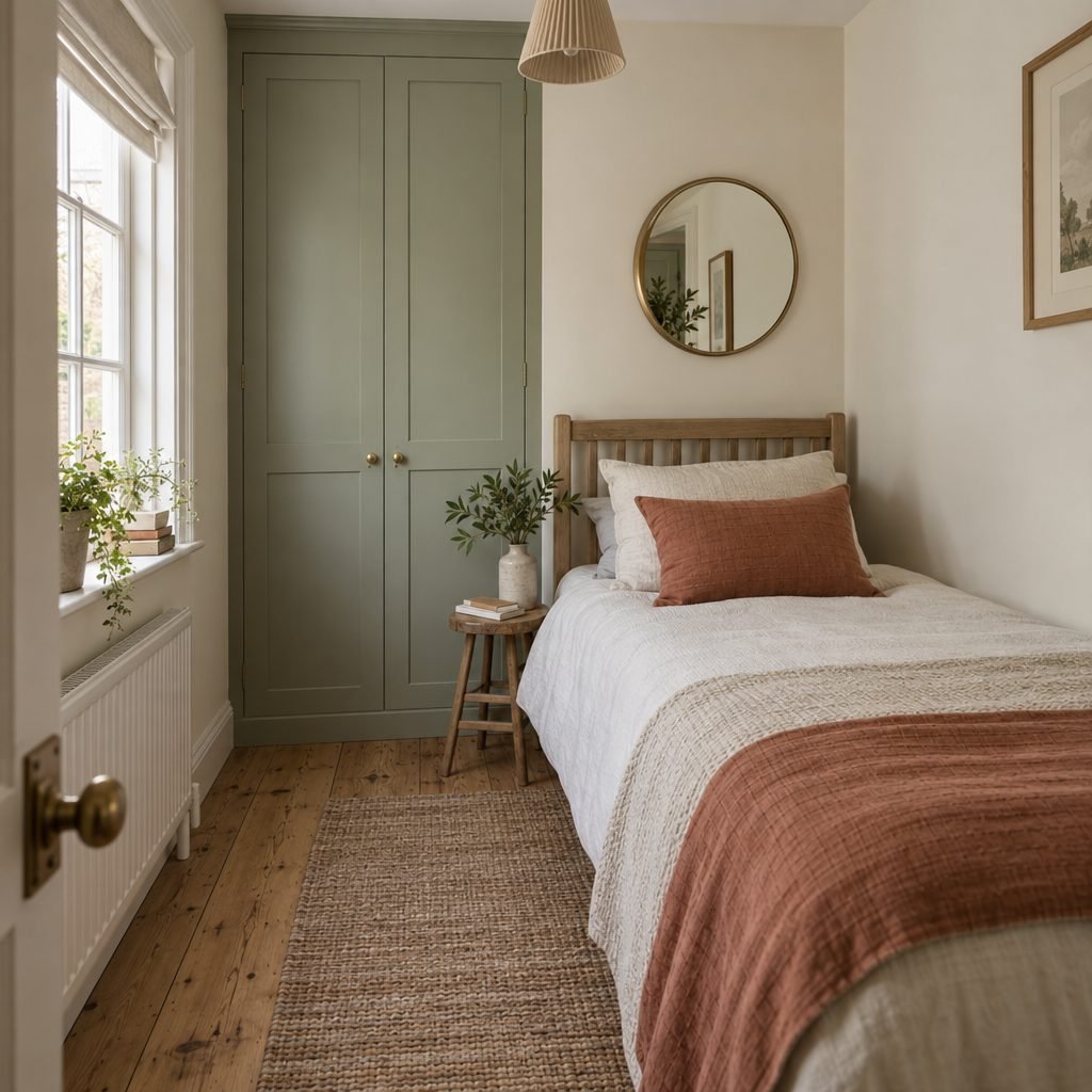 Sage green floor-to-ceiling built-in wardrobe in a small box room beside a single bed with terracotta bedding and a round mirror