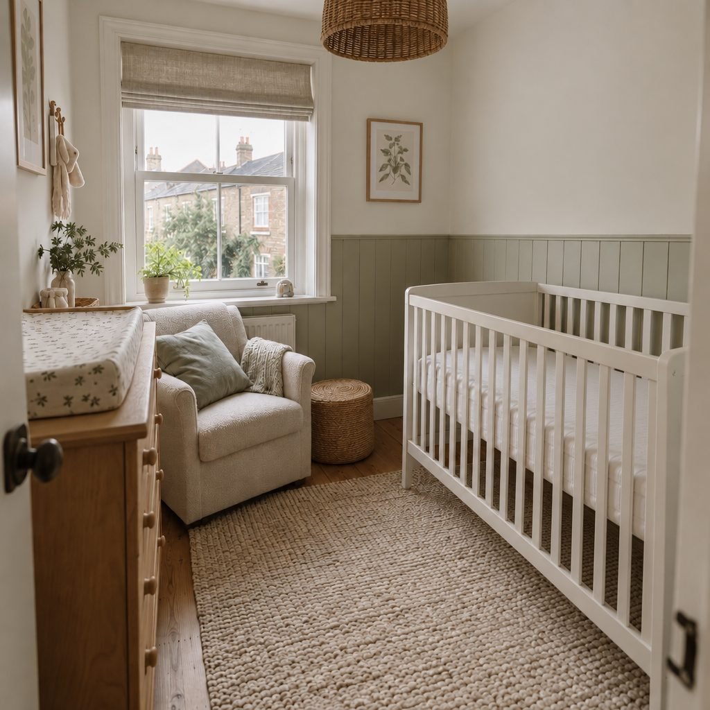 Calm box room nursery with an empty white cot away from the window, an oak chest of drawers with a changing mat and a small armchair